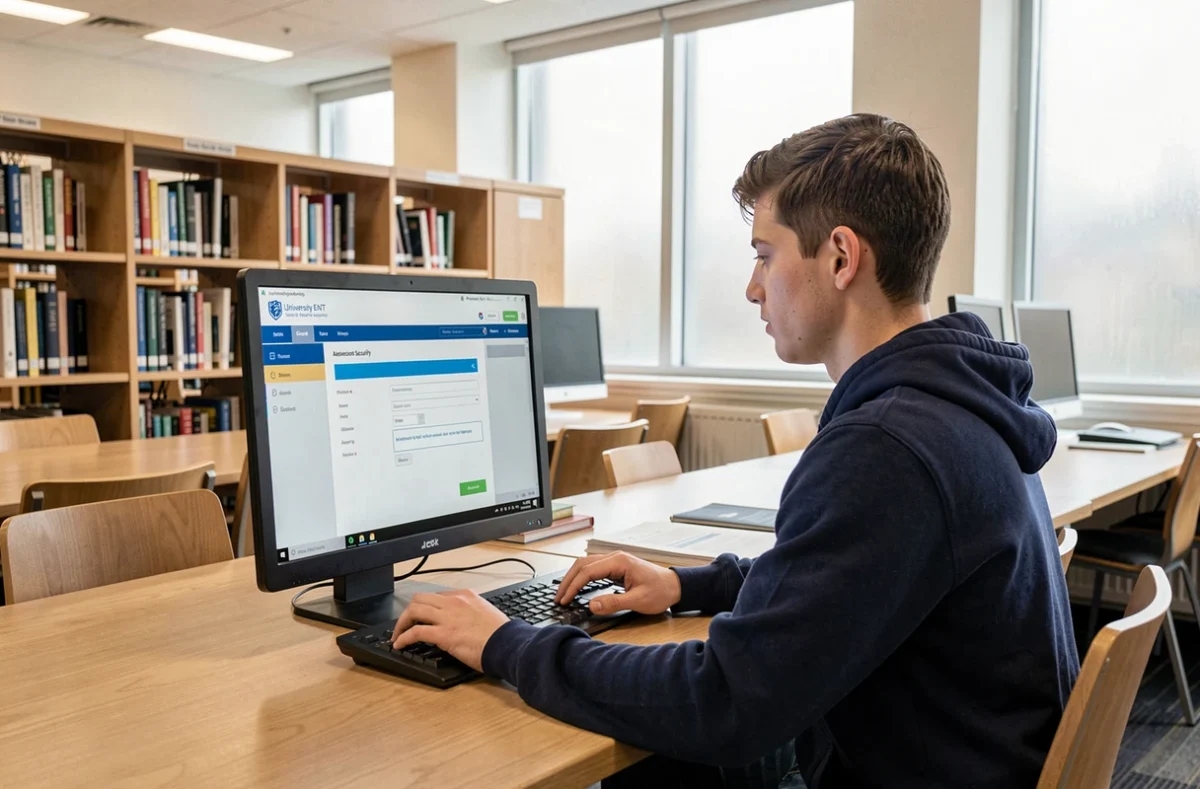 Étudiant universitaire consultant les paramètres de sécurité de son compte ENT AMU à la bibliothèque