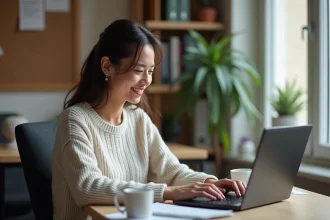 Jeune femme &eacute;tudiante souriante utilisant son ordinateur portable