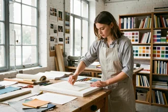 Étudiante en design textile à l'ESAA Duperré Paris travaillant sur des échantillons de tissu dans un atelier créatif