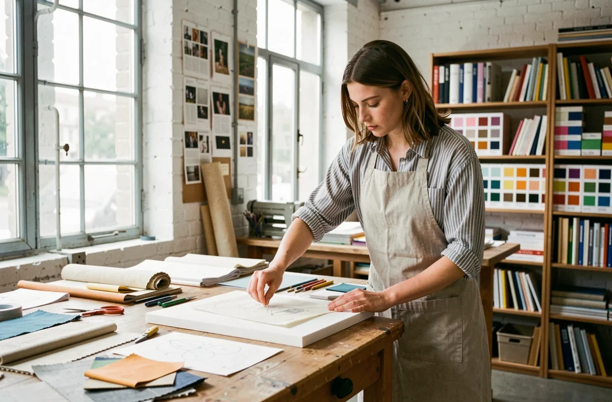 Étudiante en design textile à l'ESAA Duperré Paris travaillant sur des échantillons de tissu dans un atelier créatif