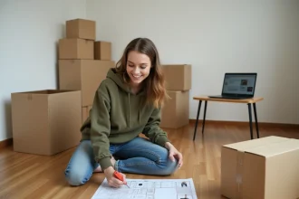 Jeune femme assemblant un meuble en kit dans un appartement en location avec des instructions DIY affichées sur un ordinateur portable