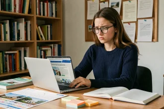 Étudiante consultant le calendrier du bac 2026 sur le site Cyclades depuis son bureau à la maison