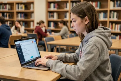Étudiante configurant son compte ENT sur un ordinateur portable dans une bibliothèque universitaire
