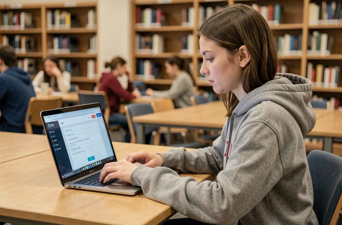 Étudiante configurant son compte ENT sur un ordinateur portable dans une bibliothèque universitaire