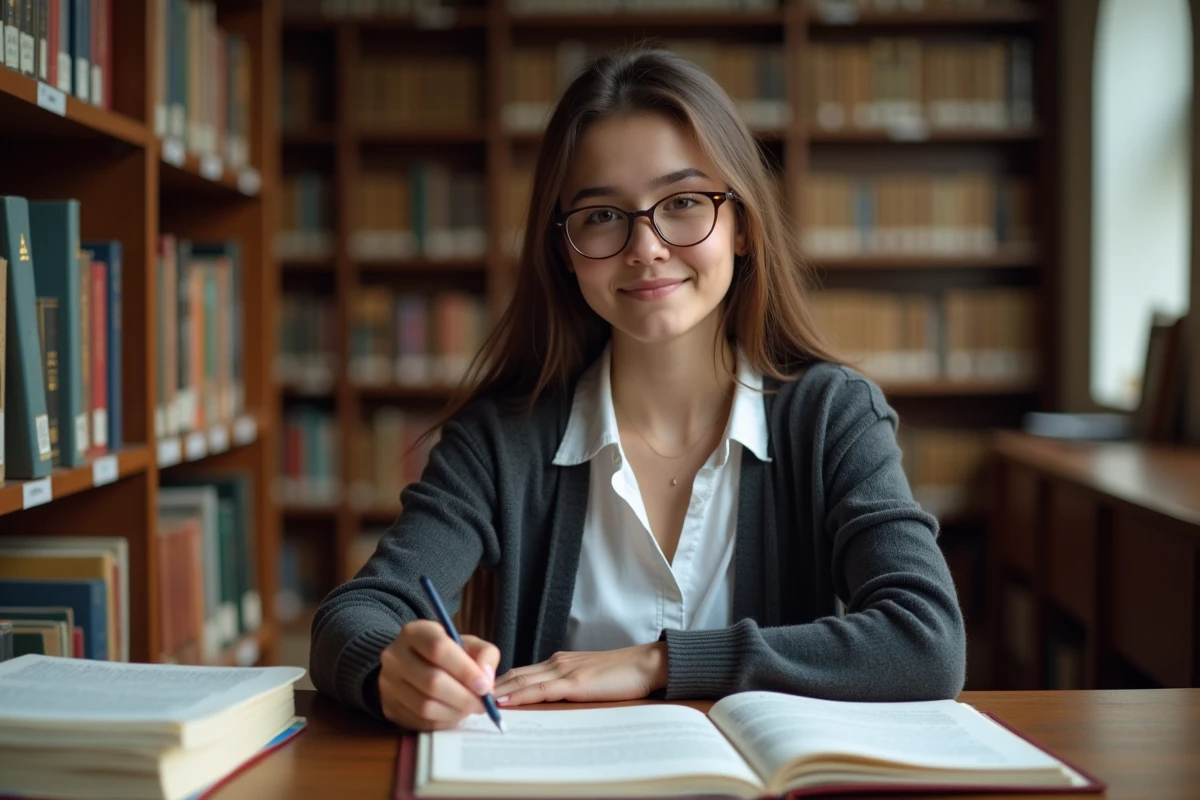 Étudiante en droit annotant et vérifiant la fiabilité d'un document produit par une intelligence artificielle juridique dans une bibliothèque universitaire