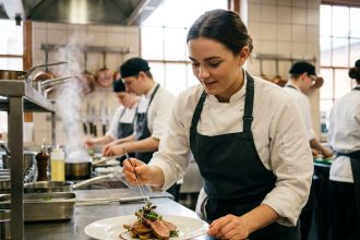 Étudiante en école hôtelière dressant une assiette gastronomique dans une cuisine professionnelle de formation