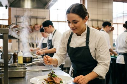 Étudiante en école hôtelière dressant une assiette gastronomique dans une cuisine professionnelle de formation