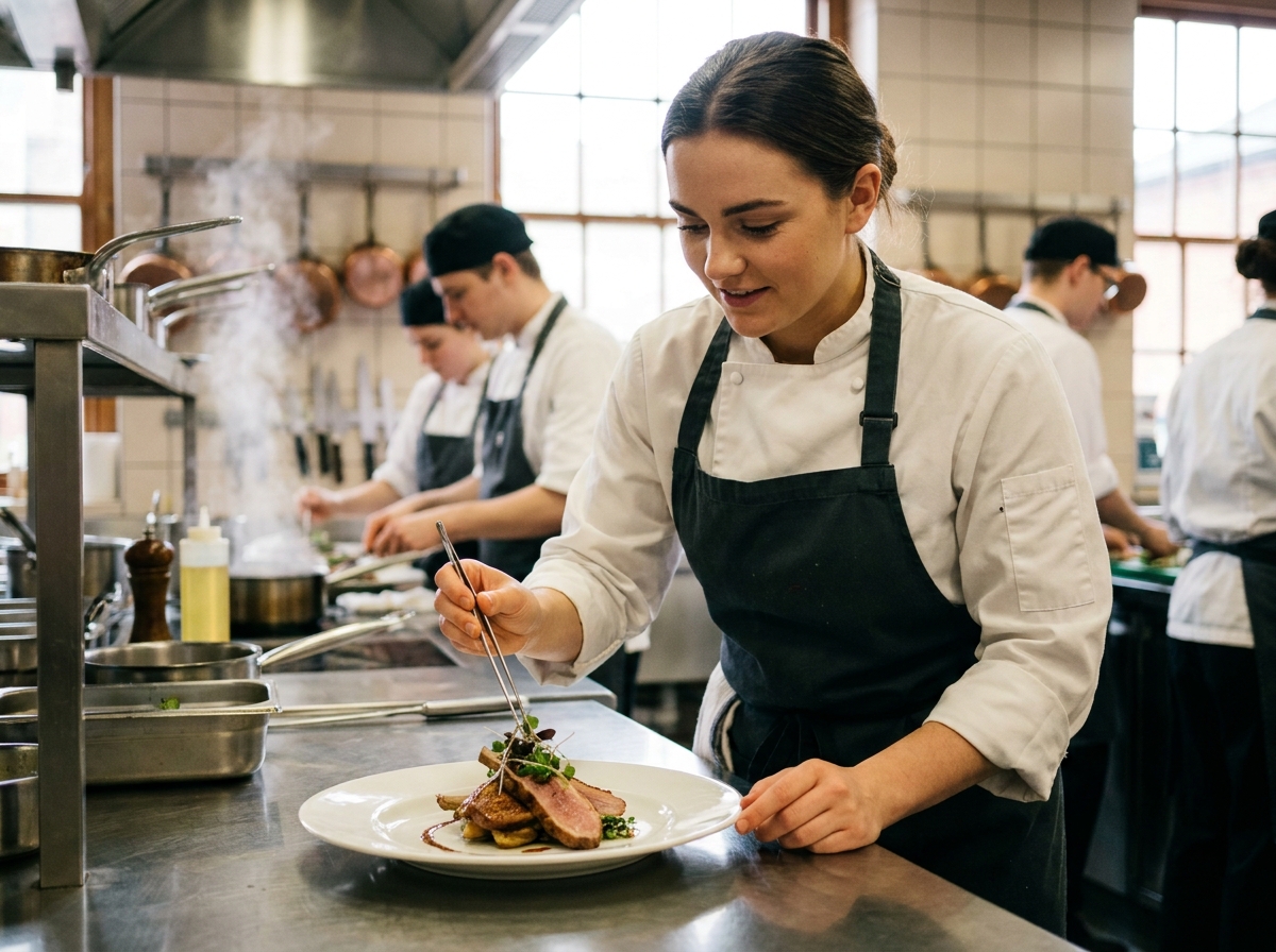 Étudiante en école hôtelière dressant une assiette gastronomique dans une cuisine professionnelle de formation