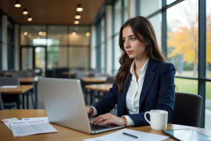 Étudiante consultant son espace extranet ESG sur un ordinateur portable dans une salle d'étude universitaire moderne