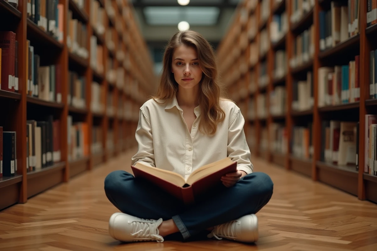 Jeune étudiante consultant un manuel de grammaire française sur les temps de l'indicatif dans une bibliothèque universitaire