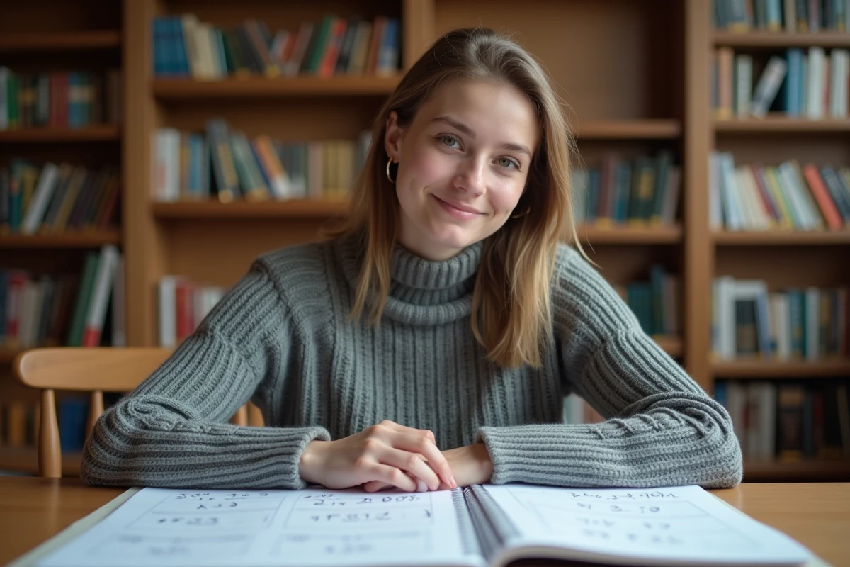 Étudiante calculant l'inverse d'une matrice 2x2 et son déterminant sur des feuilles de papier millimétré dans une bibliothèque universitaire