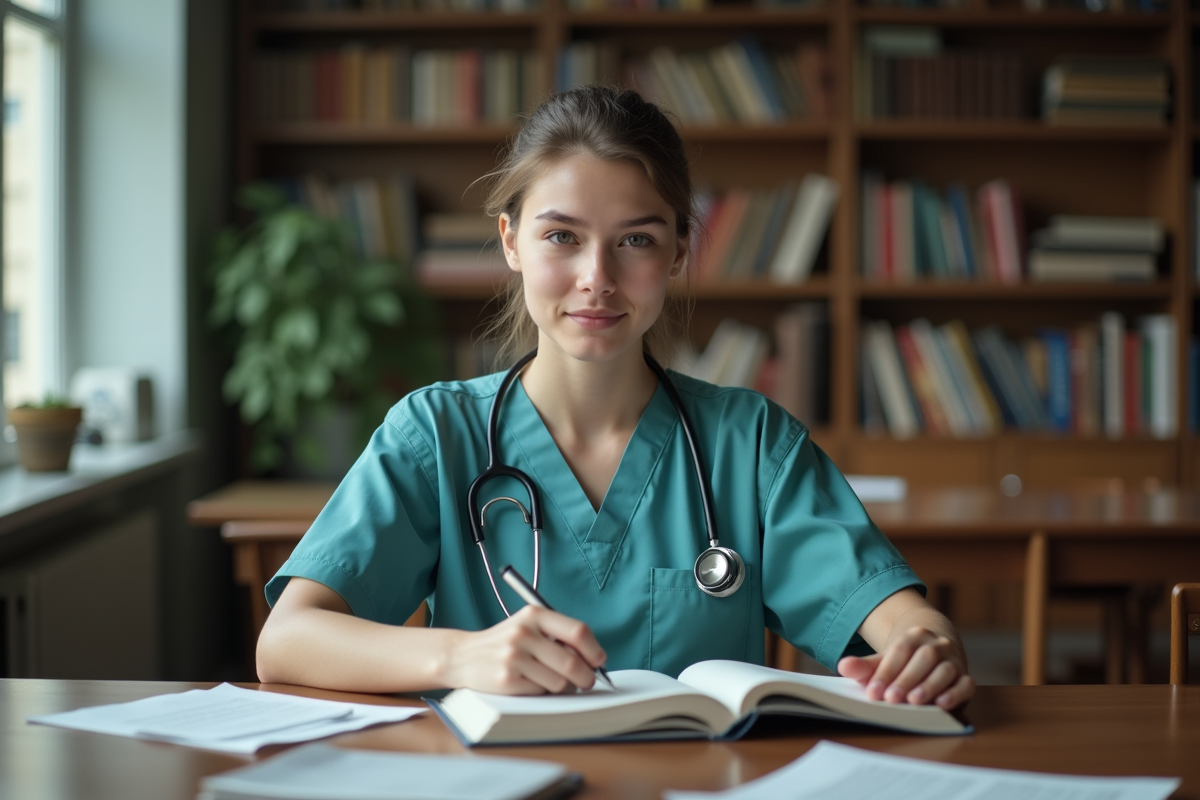 Etudiante en medecine etudie dans une bibliotheque