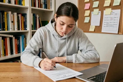 Jeune étudiante remplissant un questionnaire d'orientation professionnelle à son bureau à domicile, projet professionnel Onisep 2026