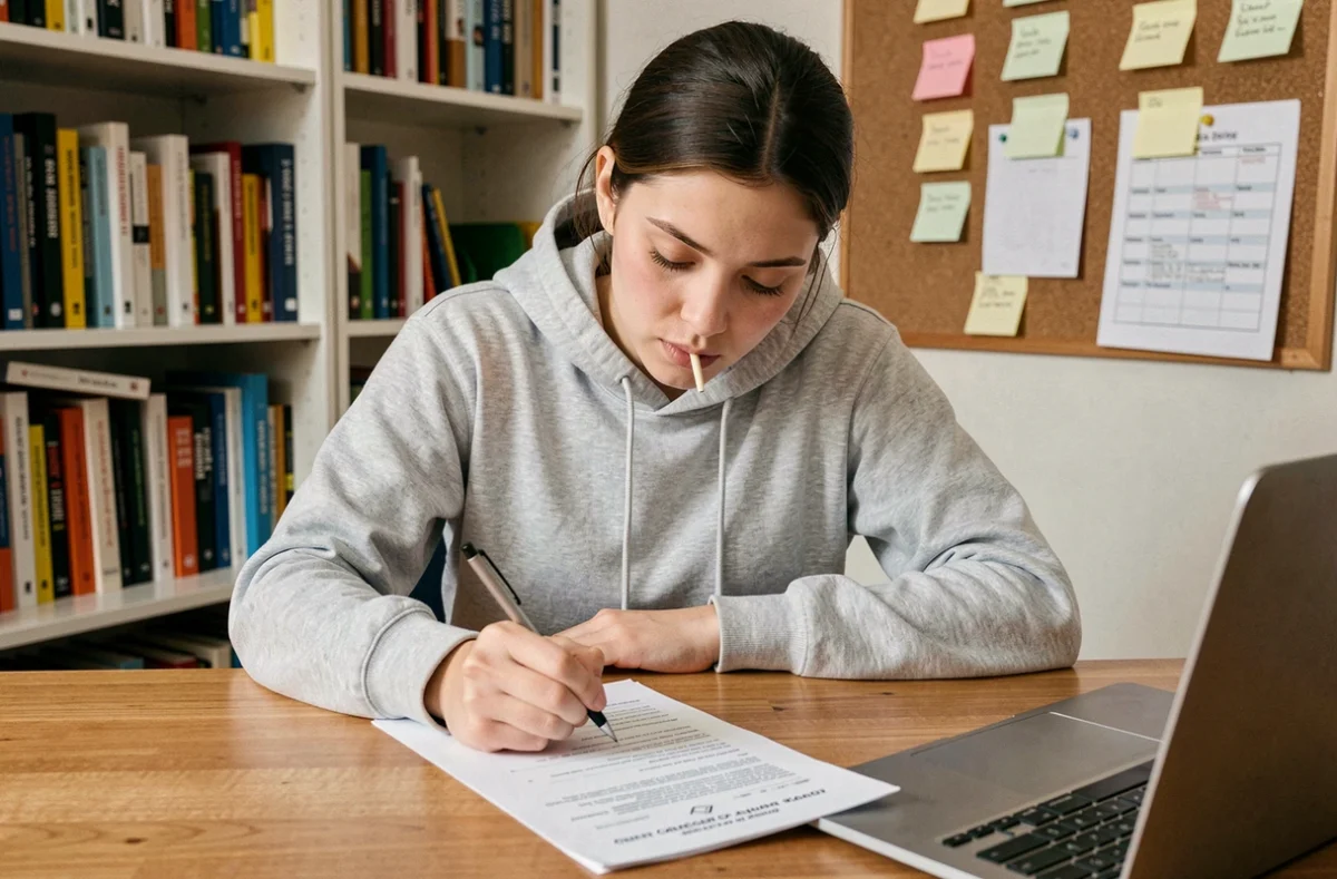 Jeune étudiante remplissant un questionnaire d'orientation professionnelle à son bureau à domicile, projet professionnel Onisep 2026