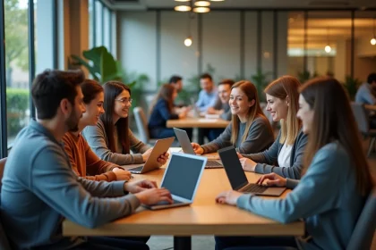 Groupe d'&eacute;tudiants en lounge universitaire d&eacute;tendus et concentr&eacute;s