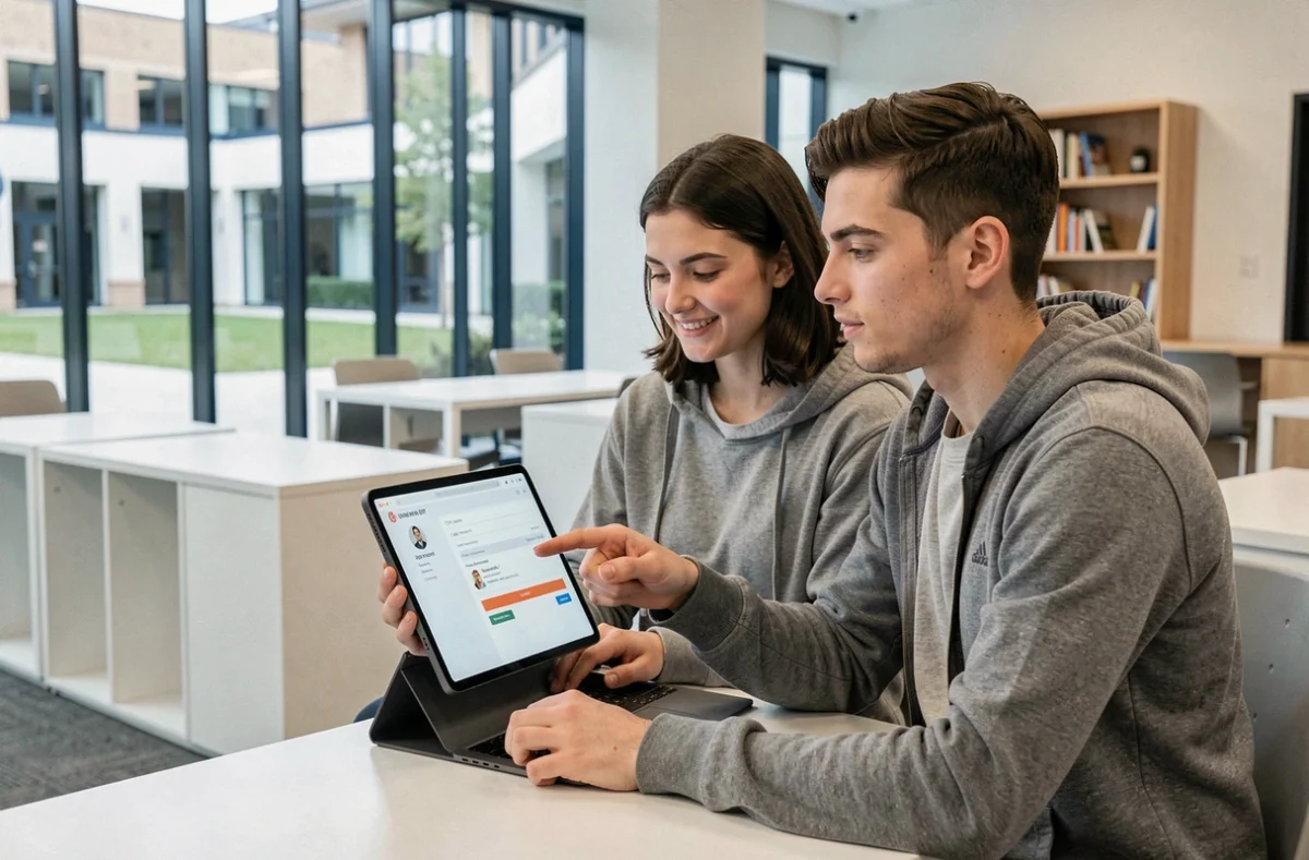 Deux étudiants consultant les paramètres de messagerie du compte ENT sur une tablette à l'université
