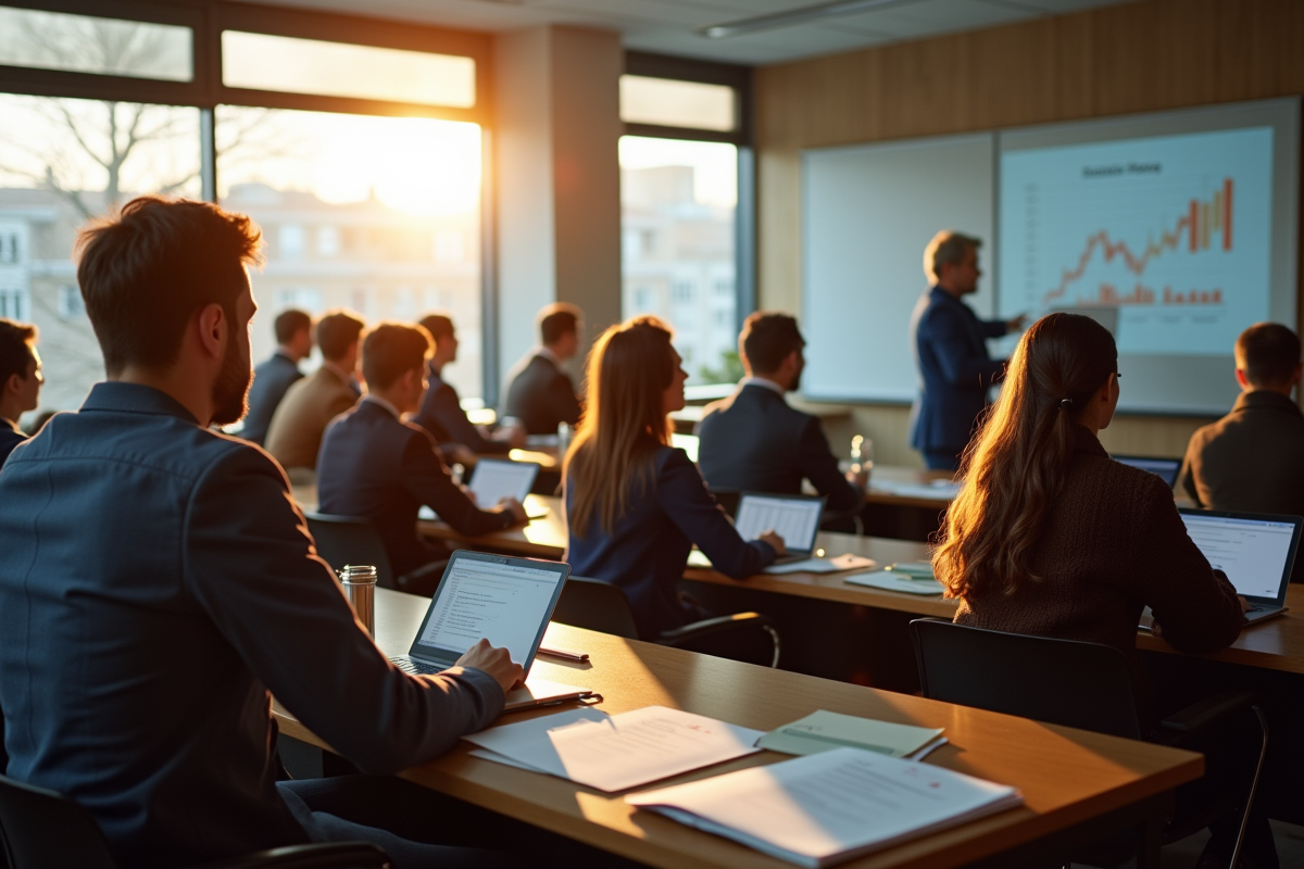 Étudiants en cours de finance dans une salle lumineuse