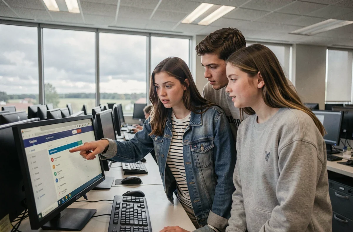 Groupe d'étudiants explorant l'ENT de l'université Le Havre Normandie dans une salle informatique