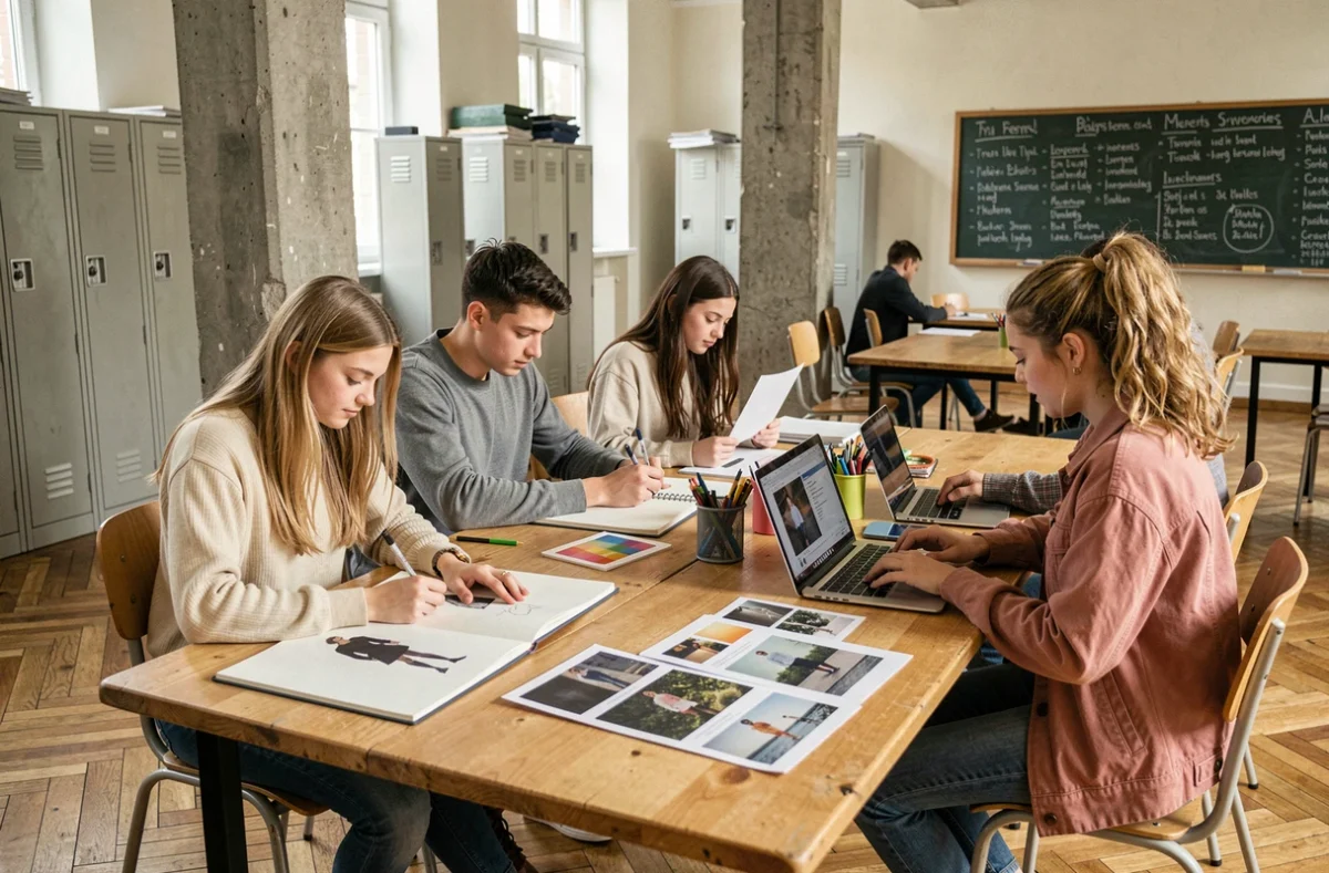 Groupe d'étudiants de l'ESAA Duperré Paris travaillant ensemble dans un espace commun de l'école