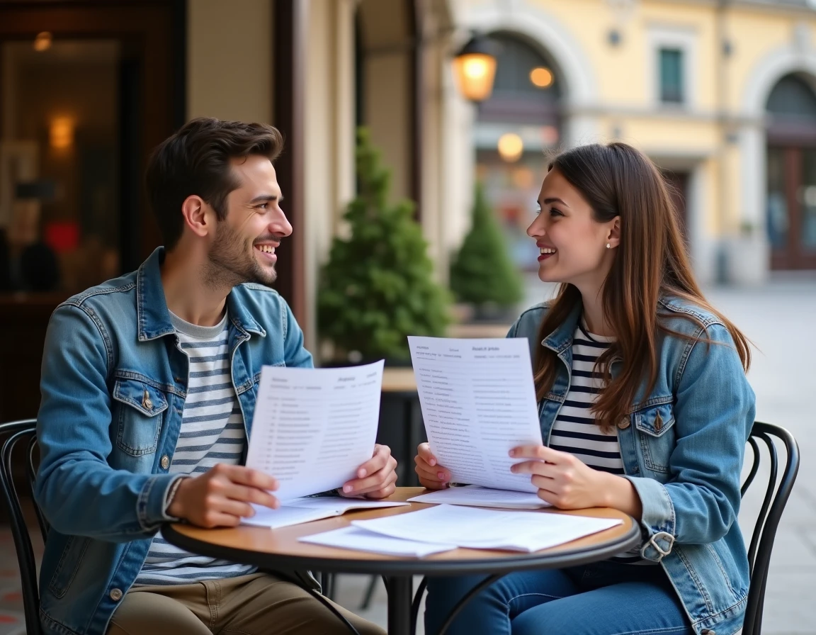 Deux étudiants comparant leurs exercices de conjugaison espagnole autour d'une table de café en terrasse