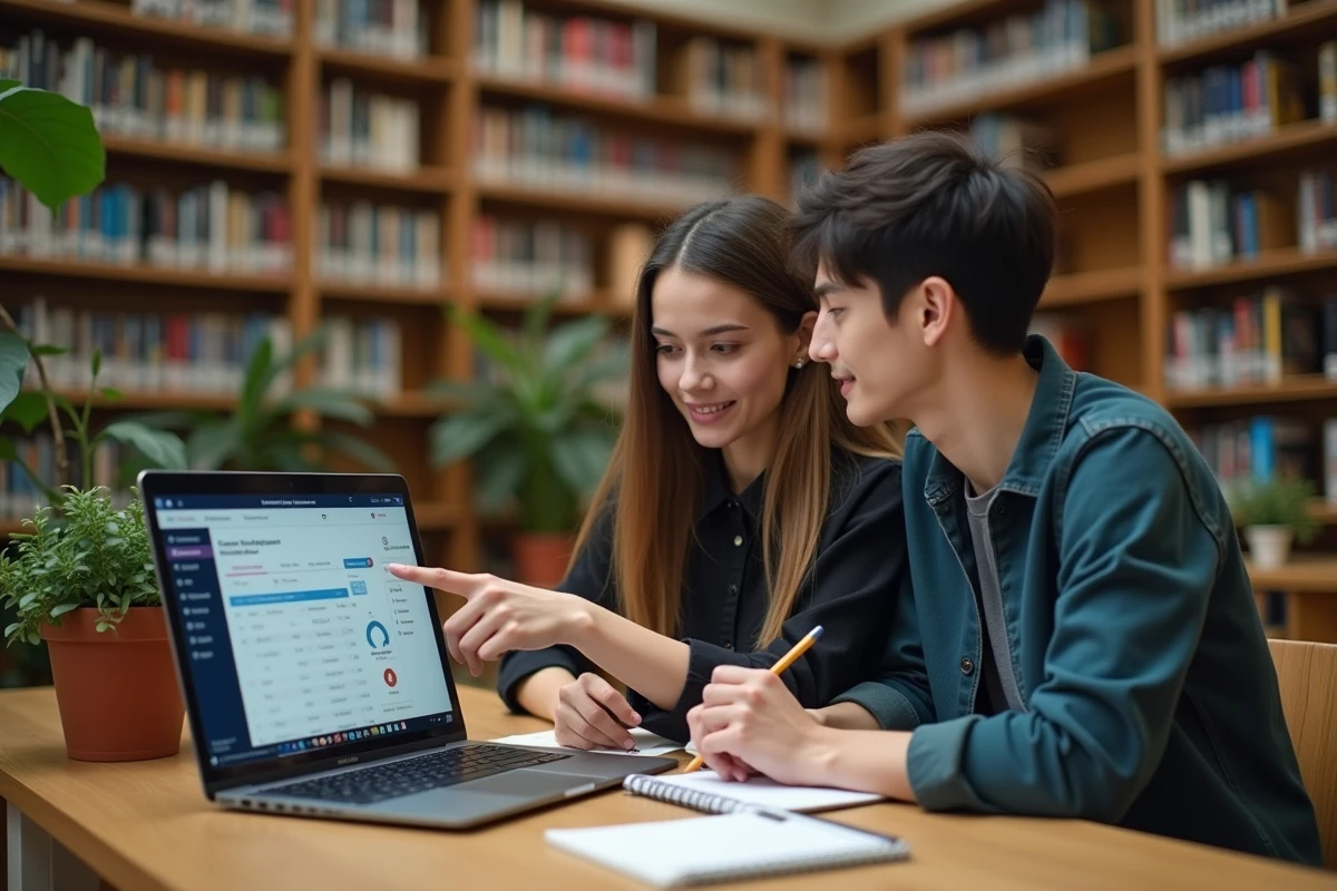 Deux étudiants consultant ensemble le tableau de bord de l'extranet ESG pour gérer notes et documents administratifs en bibliothèque