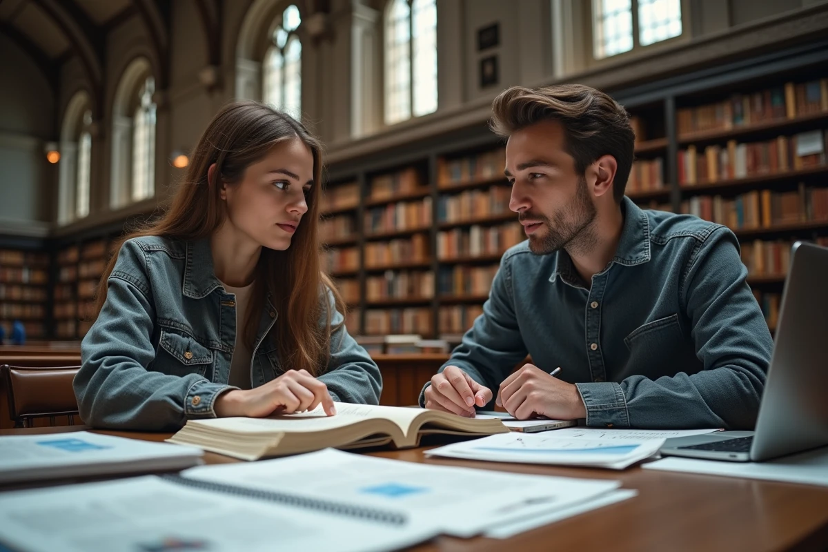 Deux étudiants en master de finance quantitative étudiant des modèles probabilistes dans une bibliothèque universitaire