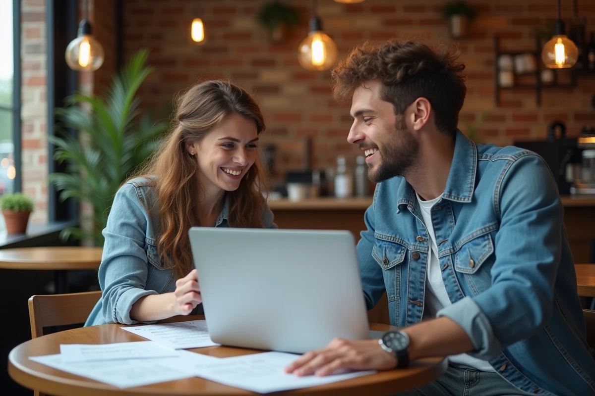 Deux étudiants comparant des mots de liaison et connecteurs sur des fiches de grammaire dans un café urbain