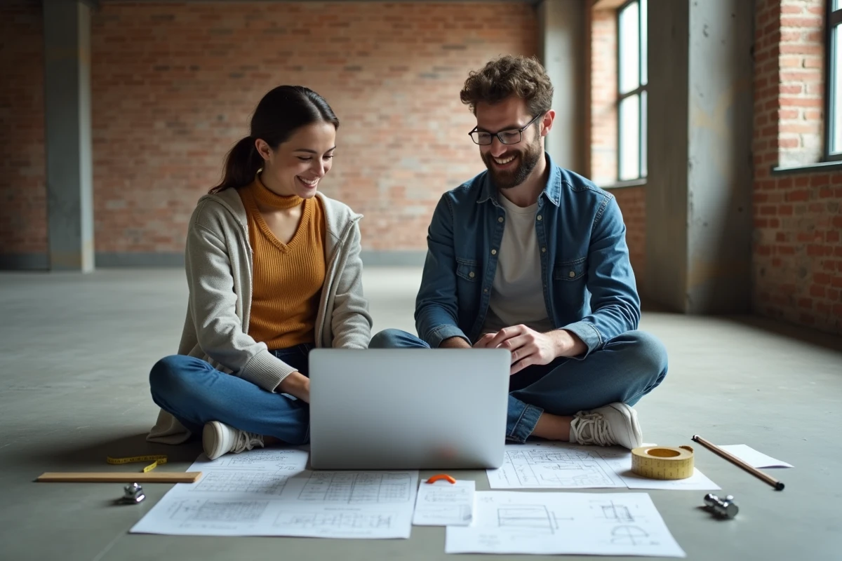 Deux étudiants planifiant un projet de bricolage DIY ensemble sur ordinateur dans un appartement en location moderne