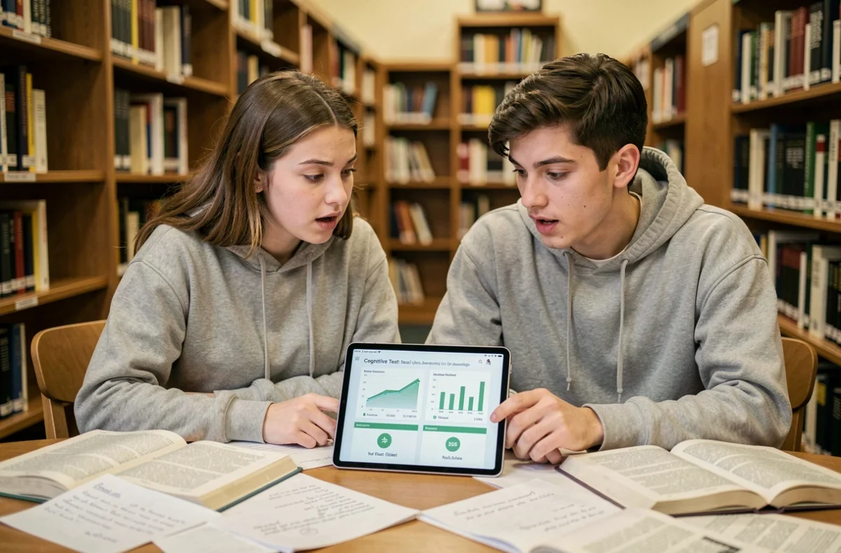 Deux étudiants analysant ensemble les résultats d'un test de QI gratuit et sérieux sur une tablette en bibliothèque