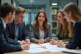 Groupe d'étudiants en réunion de projet dans un bureau moderne