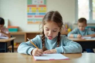 Jeune fille de CE1 concentrée qui écrit sur une fiche d'exercice de français et maths imprimée, assise à un bureau en bois dans une salle de classe