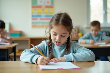 Jeune fille de CE1 concentrée qui écrit sur une fiche d'exercice de français et maths imprimée, assise à un bureau en bois dans une salle de classe