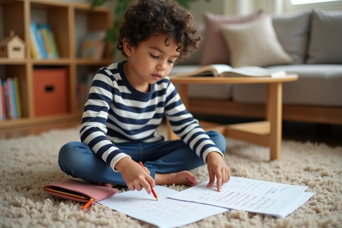 Garçon de CE1 assis par terre à la maison qui pointe du doigt un exercice de mathématiques sur une feuille imprimée entourée de crayons