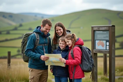 Famille souriante en pleine nature v&eacute;rteuse