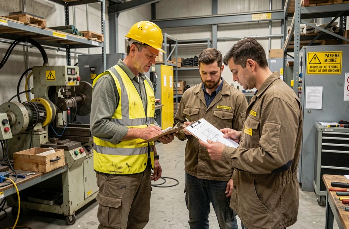 Formateur technique en équipement de sécurité guidant des stagiaires adultes dans un atelier industriel de la FEEIM
