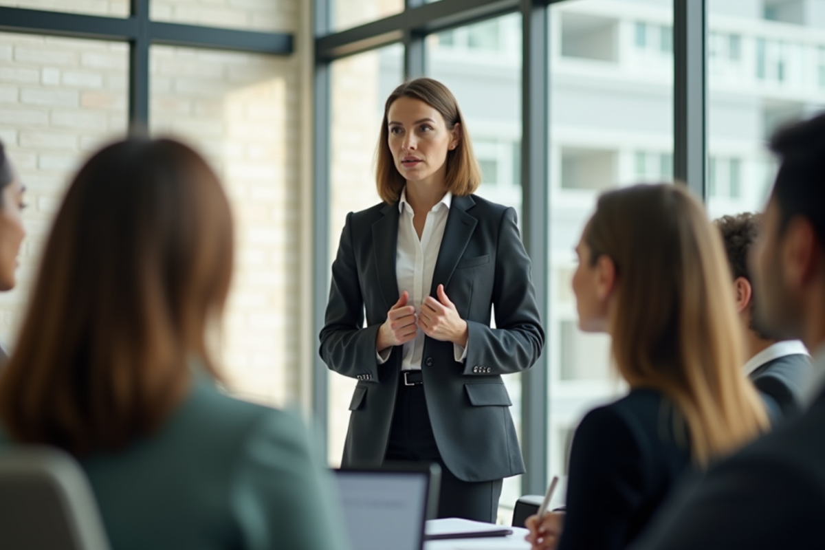 Femme d'affaires confiante dirigeant une équipe diverse en open space