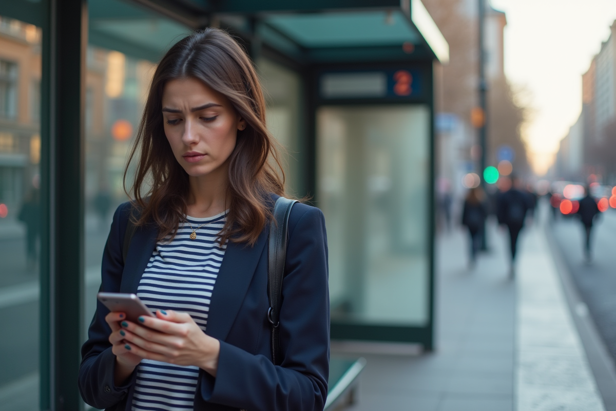 Jeune femme au arrêt de bus regardant son smartphone