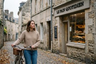 Jeune femme avec vélo devant une boulangerie artisanale