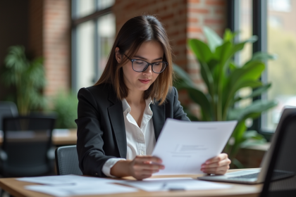 Jeune femme en blazer dans un espace coworking moderne