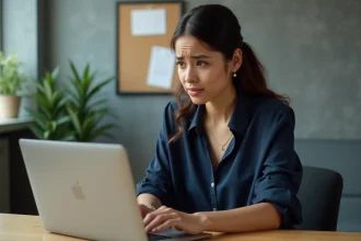 Femme au bureau regardant son ordinateur avec frustration