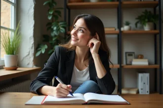 Jeune femme souriante dans un bureau à domicile