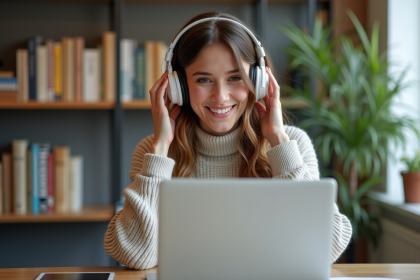 Jeune femme souriante dans un bureau à domicile