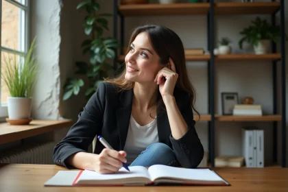 Femme concentrée dans son bureau à domicile avec livres et plantes