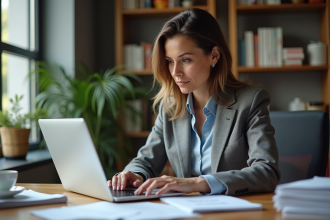 Femme d'affaires tapant ses détails de paiement sur son ordinateur