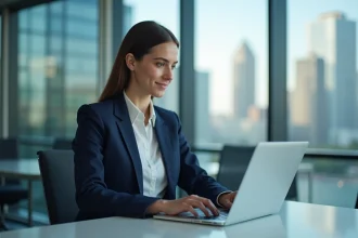 Femme d affaires en réunion avec ordinateur portable