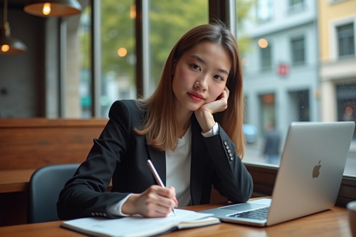 Jeune femme prenant des notes dans un café urbain