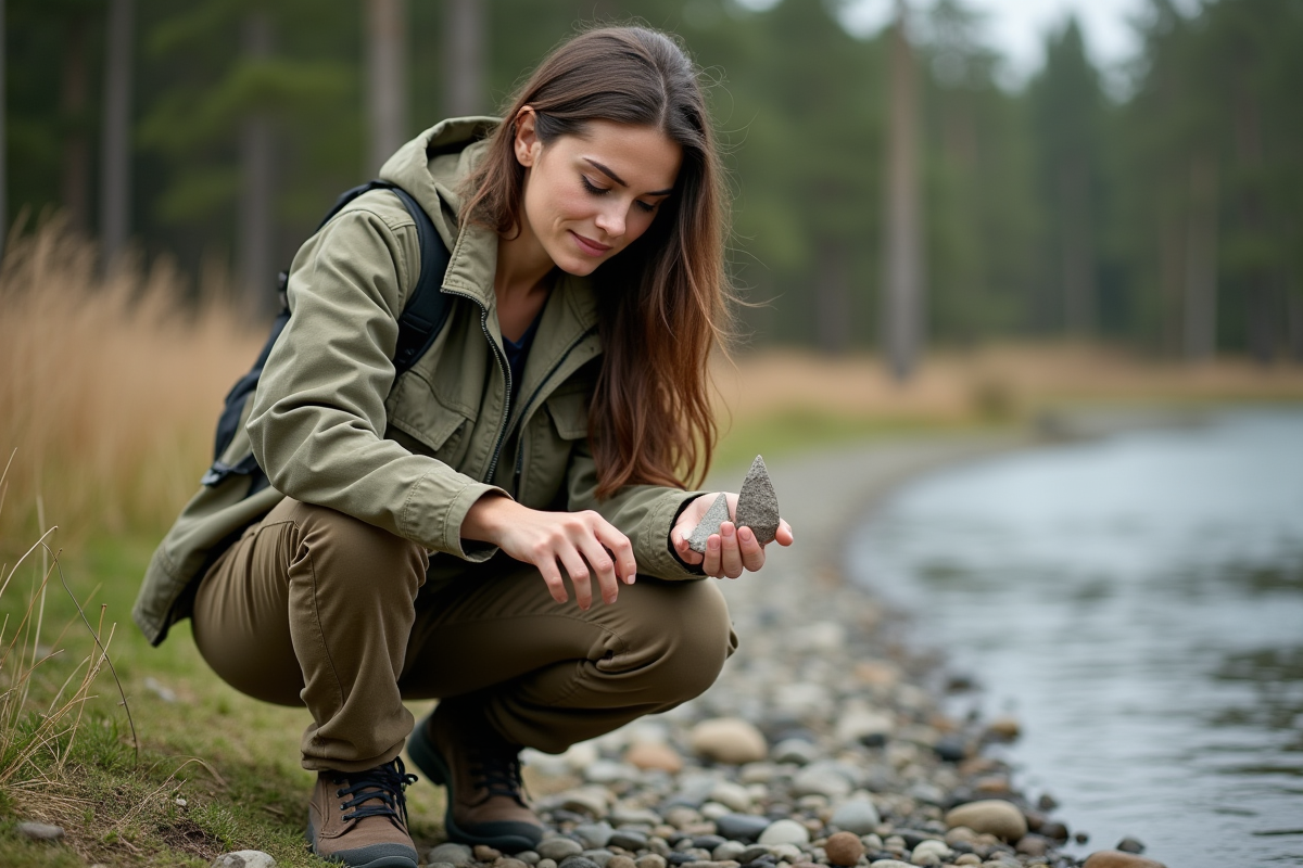 Jeune femme analysant des bifaces sur une rive en pleine nature