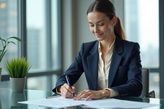 Femme confiante en bureau moderne examinant documents financiers
