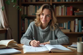 Femme annotant des connecteurs et mots de liaison sur une feuille de papier dans un bureau cosy entouré de livres de grammaire
