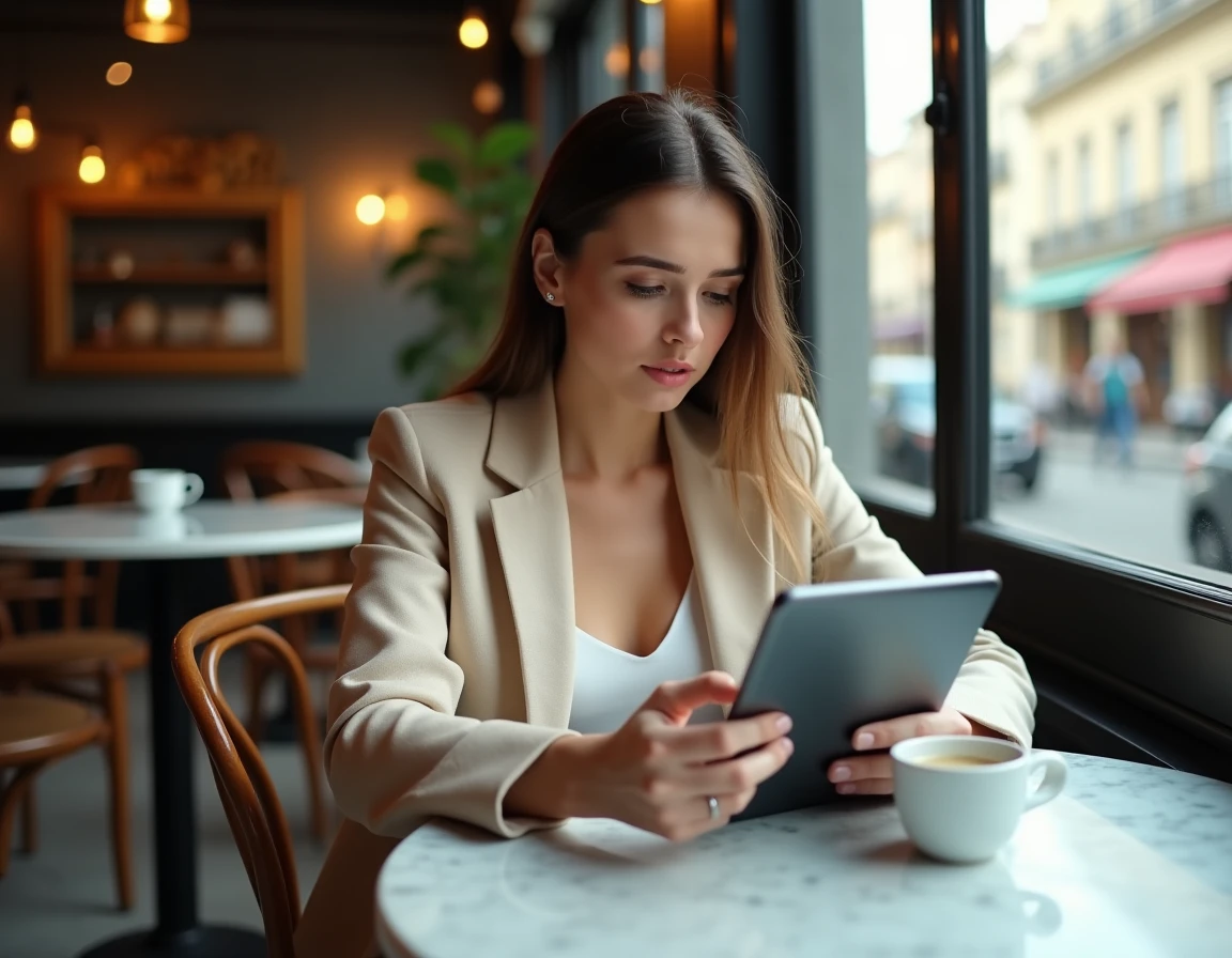 Jeune femme consultant les prix et conditions d'un abonnement magazine sur tablette dans un café parisien